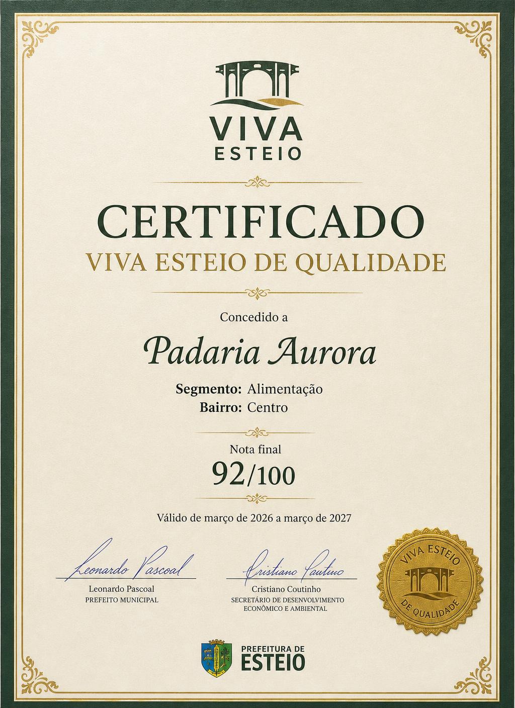 Exemplo do Certificado Viva Esteio de Qualidade emitido para uma padaria, com nota final e validade
